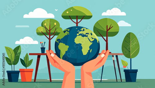 Illustration of hands holding a globe, surrounded by potted plants and trees under a light blue sky