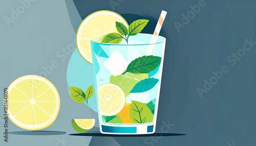 Refreshing mojito illustration with lemon, mint, ice, and straw on a grey and blue background