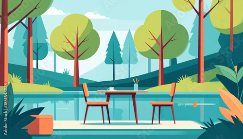 Lakeside scene with a table, chairs, trees, and calm water; bright & flat style