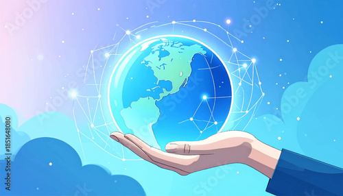 Hand holds a glowing Earth, surrounded by connected nodes, against a pastel sky