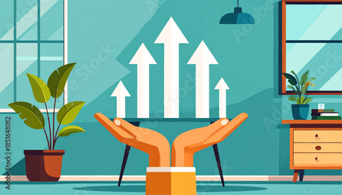 Illustration of hands presenting upward arrows in a tidy room with plants, drawers, lamp, and window