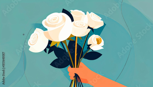 Hand holds bouquet of pale roses against a teal background in flat illustration style, stylized floral design