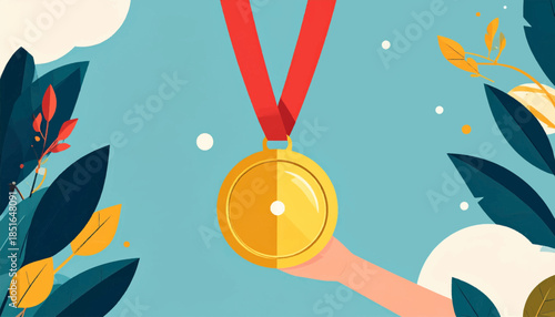 Hand holds golden medal with red ribbon against blue backdrop with abstract leaves and cloud shapes