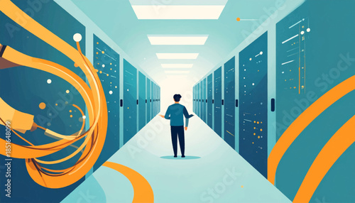 Man in data center, blue servers flank the path, orange cables and connectors. Cool, clean, professional illustration