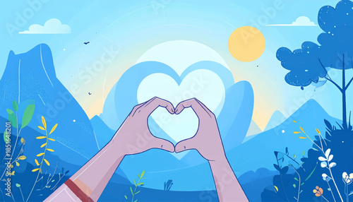 Hands forming a heart against a stylized landscape with mountains, trees, sun, and a calm, peaceful sky