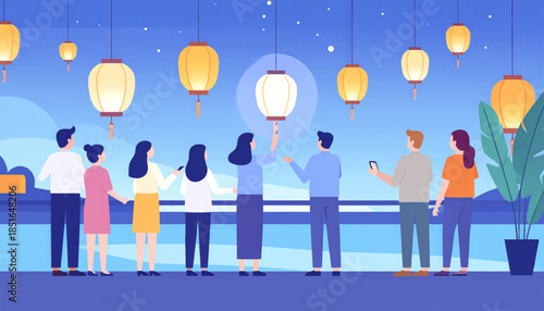 Illustration of people looking at hanging lanterns against a starry night sky from a bridge