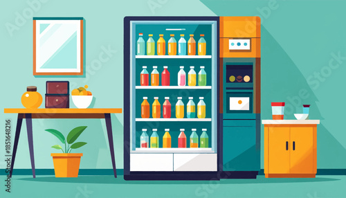 Retro office interior with a vending machine, desk, plant, and fruit bowl, rendered in a minimalist, flat style