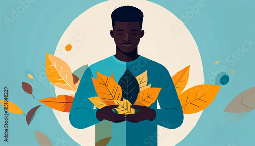 Illustration of person holding autumn leaves against blue backdrop, circle behind them