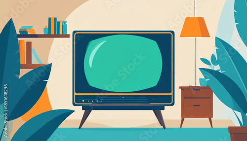 Retro room interior with old TV, bookshelf, lamp and plants in stylized illustration, muted tones