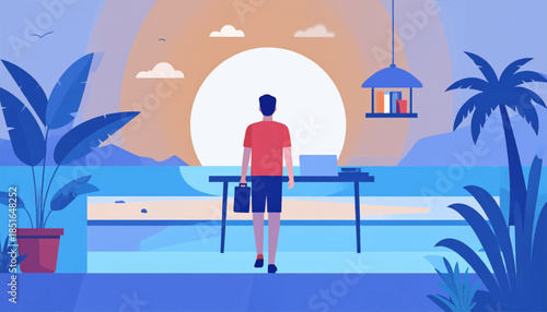 Man looks towards the sea; his desk has a laptop; foliage and a light frame the horizon