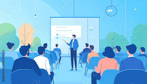 Man presenting to an audience. Blue palette, simple shapes, stylized trees through a window, focus on presentation