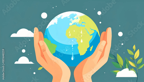 Hands gently cradle the Earth, symbolizing care with stylized plants, clouds, and a teal background