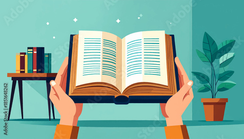 Hands hold an open book in a bright room with bookshelves and a potted plant