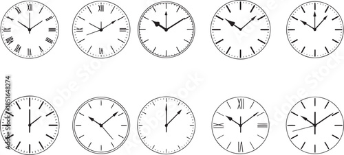 A series of analog clocks showing different times on white background