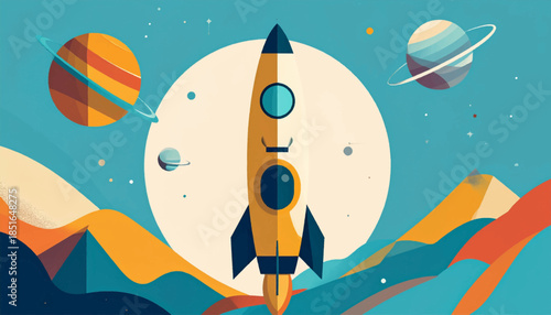Retro rocket ascending from mountains against a backdrop of planets and stars in a stylized vector format