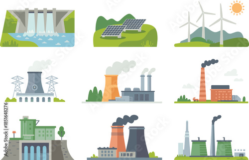 Energy production illustration set showing renewable and nonrenewable power plants, solar panels, wind turbines, hydroelectric dams, industrial electricity facilities
