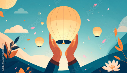 Hands gently release a sky lantern amid blue mountains, falling leaves, and a blooming flower in a stylized scene