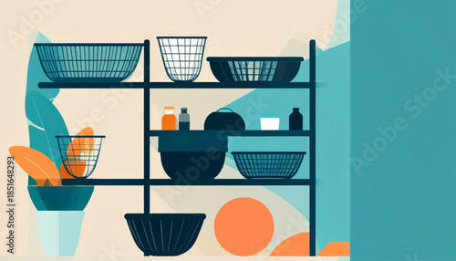 Illustration of shelving with baskets, bowls, bottles and indoor plants with teal and orange details