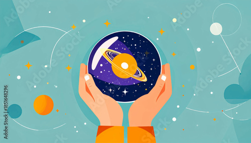 Hands holding a planet orb in a stylized, celestial vector design on a teal background with stars and cosmic elements