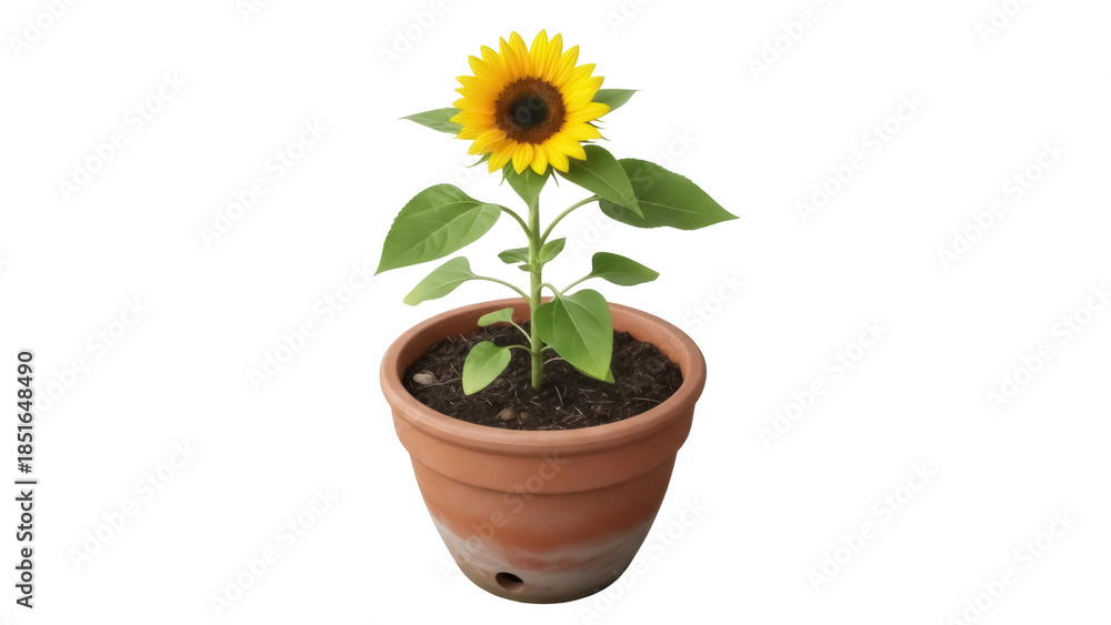 Obraz premium Bright yellow sunflower in terracotta pot PNG isolated on transparent background, cheerful summer flower for gardening and decoration