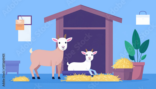 Illustration of two goats beside a barn, with potted plants in a stylized, cartoonish style