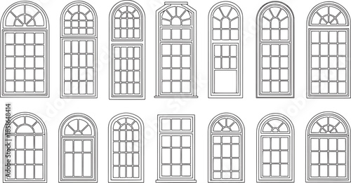 Architectural window designs with various styles and patterns