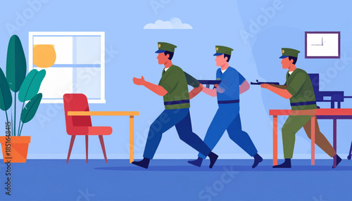 Illustration of three officers aiming weapons in an indoor scene with furniture and a plant