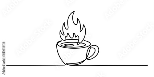 A single line drawing of a steaming cup of coffee with flames Vector, illustration