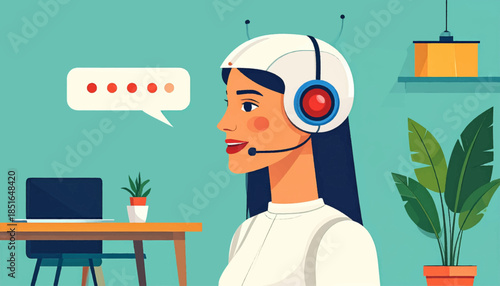 Retro-style illustration of a woman with headset and speech bubble, in a room setting with desk and plants