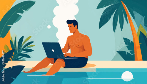 Man with laptop sits poolside surrounded by stylized foliage, rendered in flat, bold colors and geometric shapes