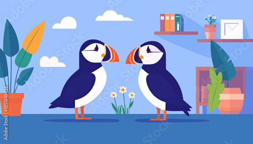 Illustration of two puffins facing each other indoors, with plants and shelves visible in the background