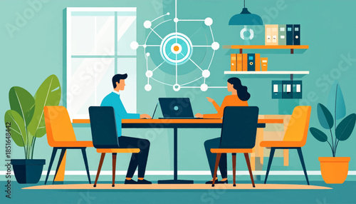 Illustration of two people meeting at a table with laptops in an office setting with plants and shelves