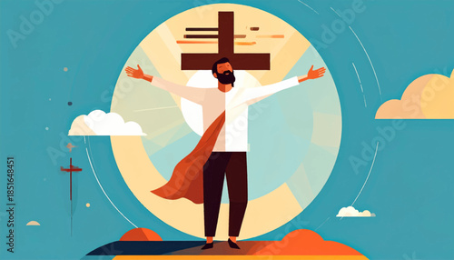 Man with open arms and a cape, standing before a crucifix in a stylized geometric landscape art