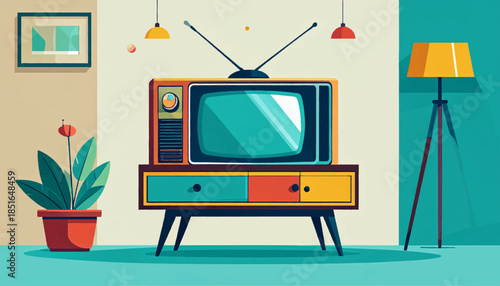 Retro-styled room with a vintage television set, lamps, painting, and potted plant against teal and white walls