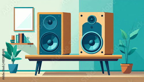 Illustration of two speakers on a table in a room with plants and a shelf against a teal wall