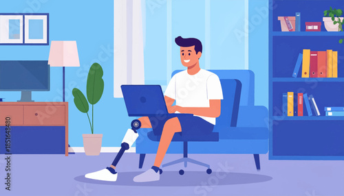 Man with prosthetic leg sits in blue chair using laptop in a blue room