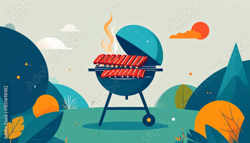Ribs grill in nature, blue, orange, and teal color palette. Leaves, sun, simple abstract background, smoke rising