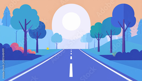 Road stretching into the horizon with trees, shrubs, and a distant rising sun or moon in graphic style