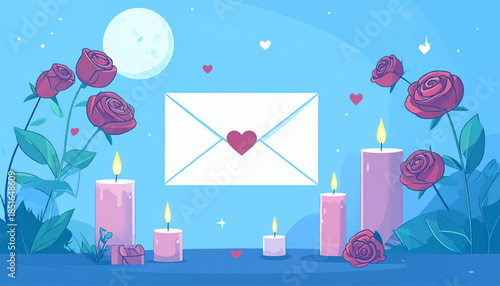 Romantic illustration with letter, roses, candles, full moon and heart details on blue background