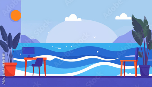 Minimalist art desk with PC & chair overlooking a calm sea, potted plants and a bright sun. Vector image