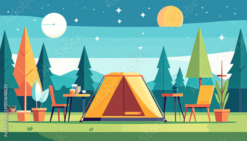 Minimalist camping scene with a tent, chairs, tables, and foliage under a starry, moonlit sky