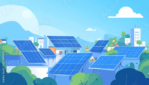 Rooftops sport solar panels amid cityscape and trees, beneath soft blue skies. Cartoon, whimsical aesthetic