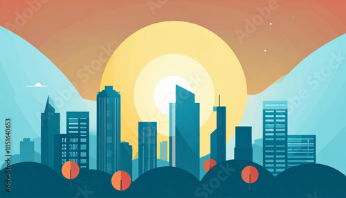 Minimalist city skyline illustration with buildings, trees, and a large sun in pastel colors