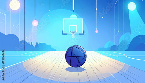 Minimalist court illustration with a basketball under lights, showcasing a nighttime scene with a focus on the sport