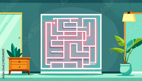 Room featuring a glowing maze artwork, potted plant, lamp, cabinet, and door, in a stylized illustrative style