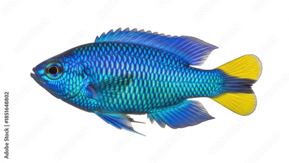 Fototapeta premium Vibrant blue and yellow damselfish isolated PNG, tropical reef fish on transparent background, colorful marine life for aquarium design