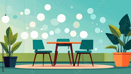 Minimalist illustration of a table and chairs with plants, against a backdrop of floating circles and muted colors
