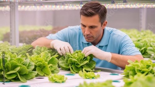 Farmer inspects hydroponic lettuce under artificial grow lights indoors.