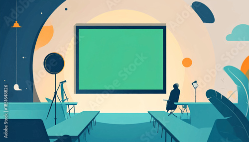 Minimalist illustration speaker stage, green screen backdrop, lighting equipment, and seated audience
