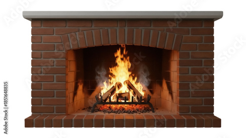 Brick fireplace with burning fire isolated PNG, cozy home interior element on transparent background for winter holiday designs